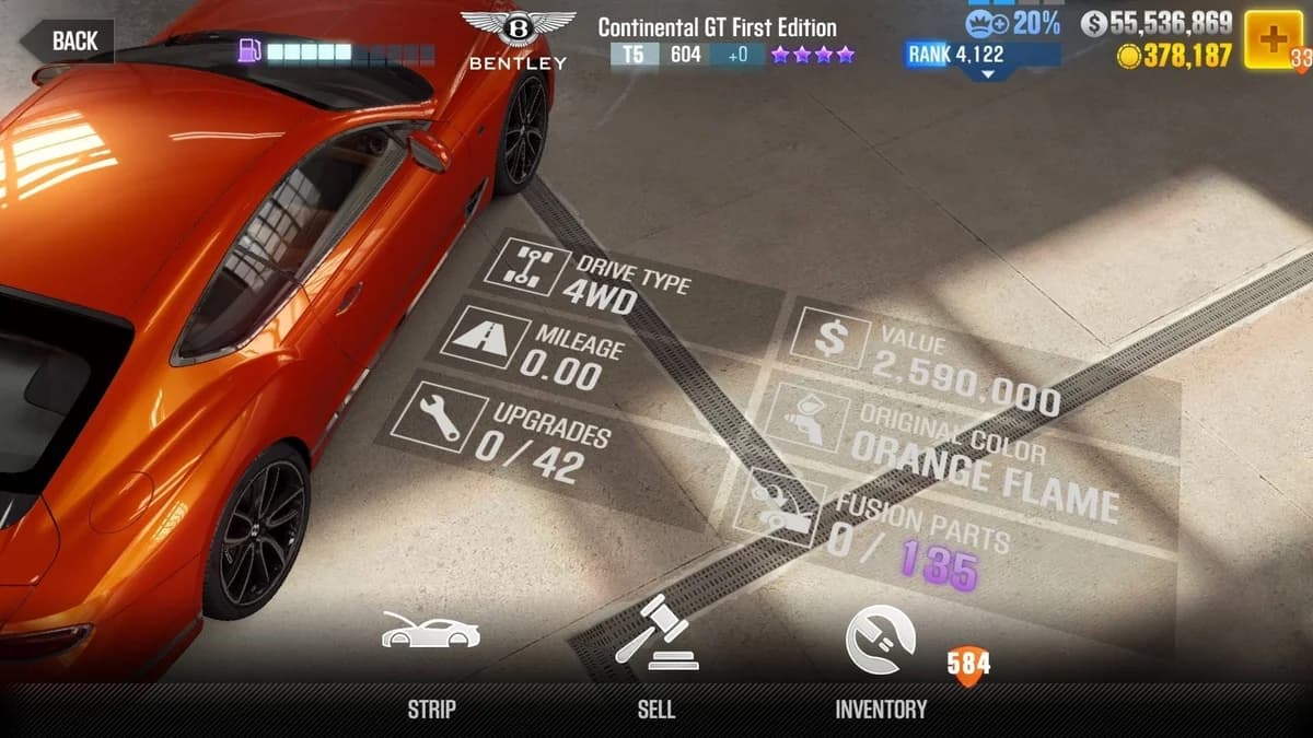 Bentley Continental GT First Edition CSR2 fusion parts and upgrade breakdown, tier 5 purple star car