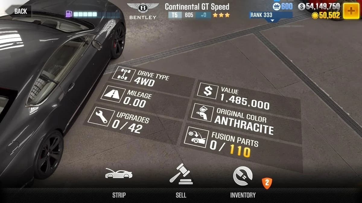 Bentley Continental GT Speed CSR2 fusion parts and upgrade breakdown, tier 5 gold star car