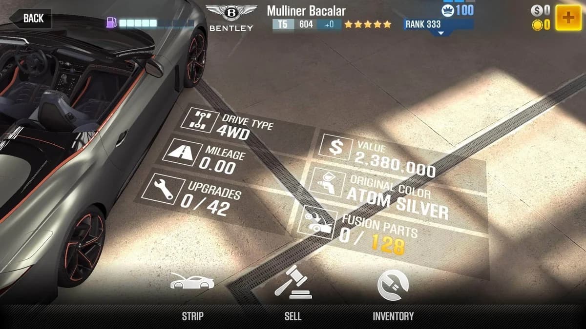 Bentley Bacalar by Mulliner CSR2 fusion parts and upgrade breakdown, tier 5 gold star car