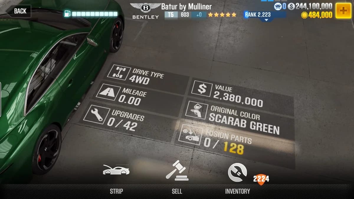 Bentley Batur by Mulliner CSR2 fusion parts and upgrade breakdown, tier 5 gold star car