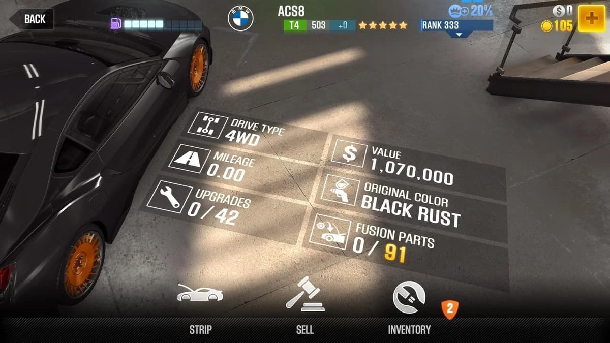 BMW ACS8 (Prismatic) CSR2 fusion parts and upgrade breakdown, tier 4 purple star car