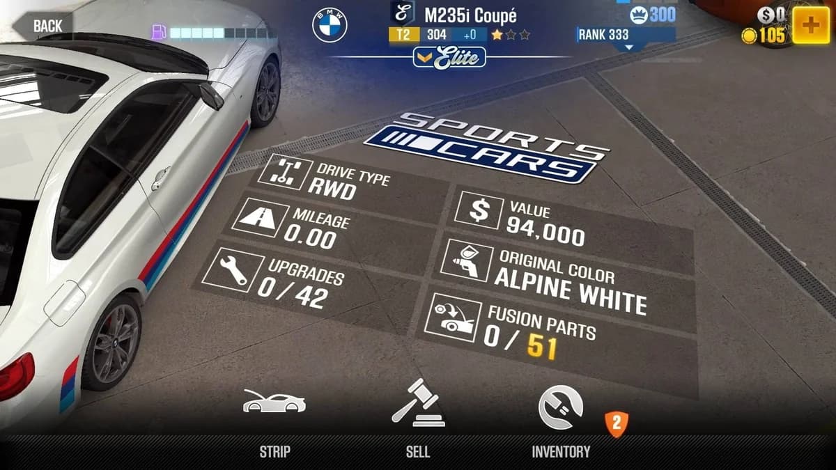BMW 2014 M235i Coupe (E.C. Level 0) CSR2 fusion parts and upgrade breakdown, tier 2 gold star car