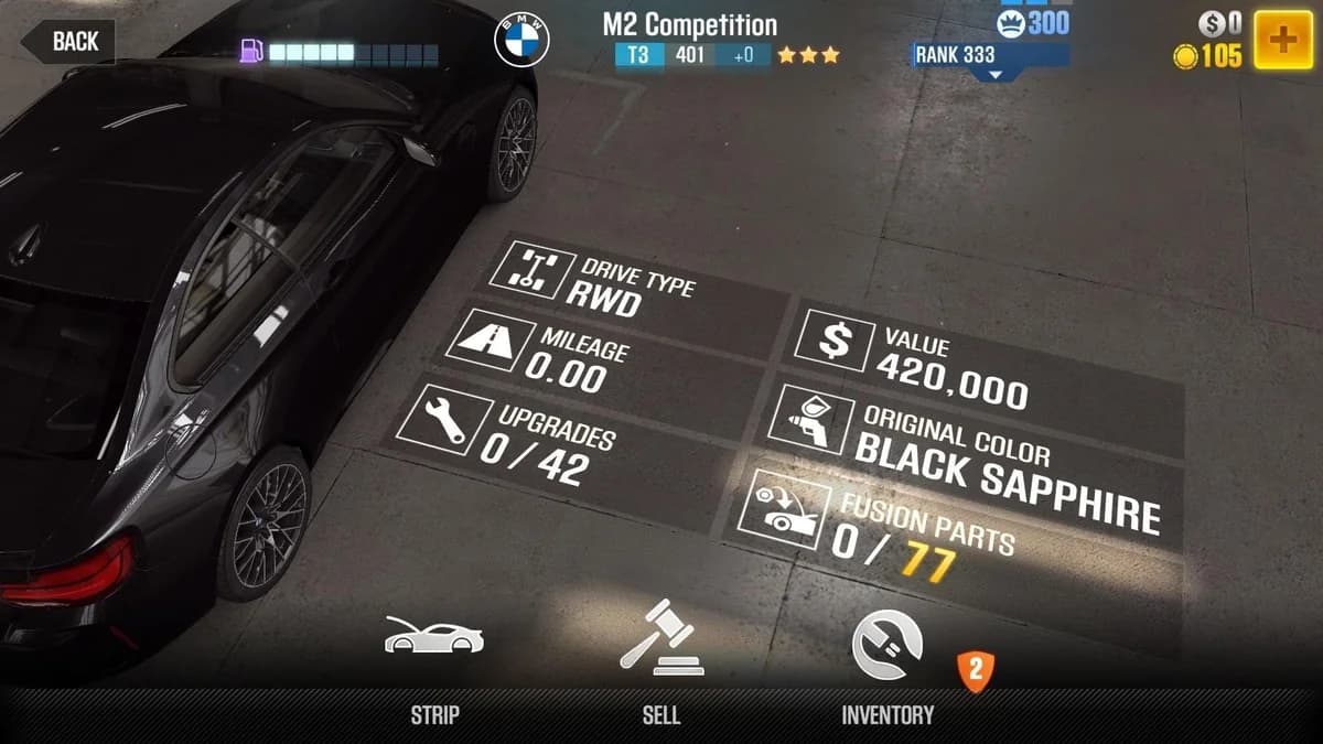 BMW 2018 M2 Competition CSR2 fusion parts and upgrade breakdown, tier 3 gold star car