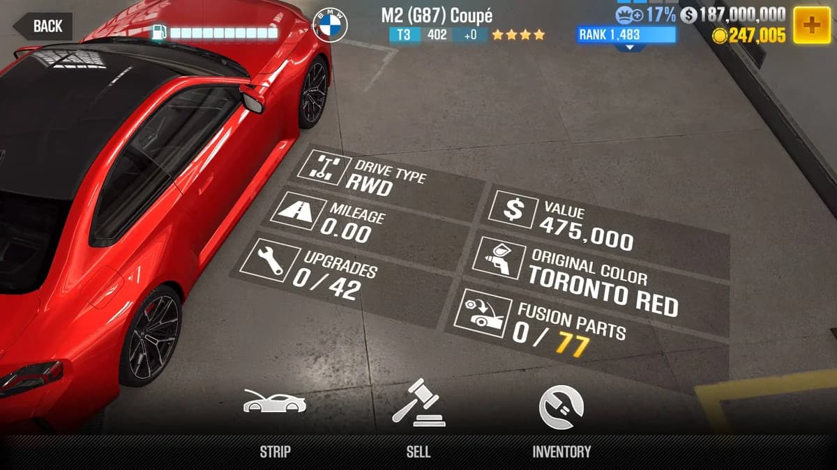 BMW 2023 M2 Coupe CSR2 fusion parts and upgrade breakdown, tier 3 gold star car