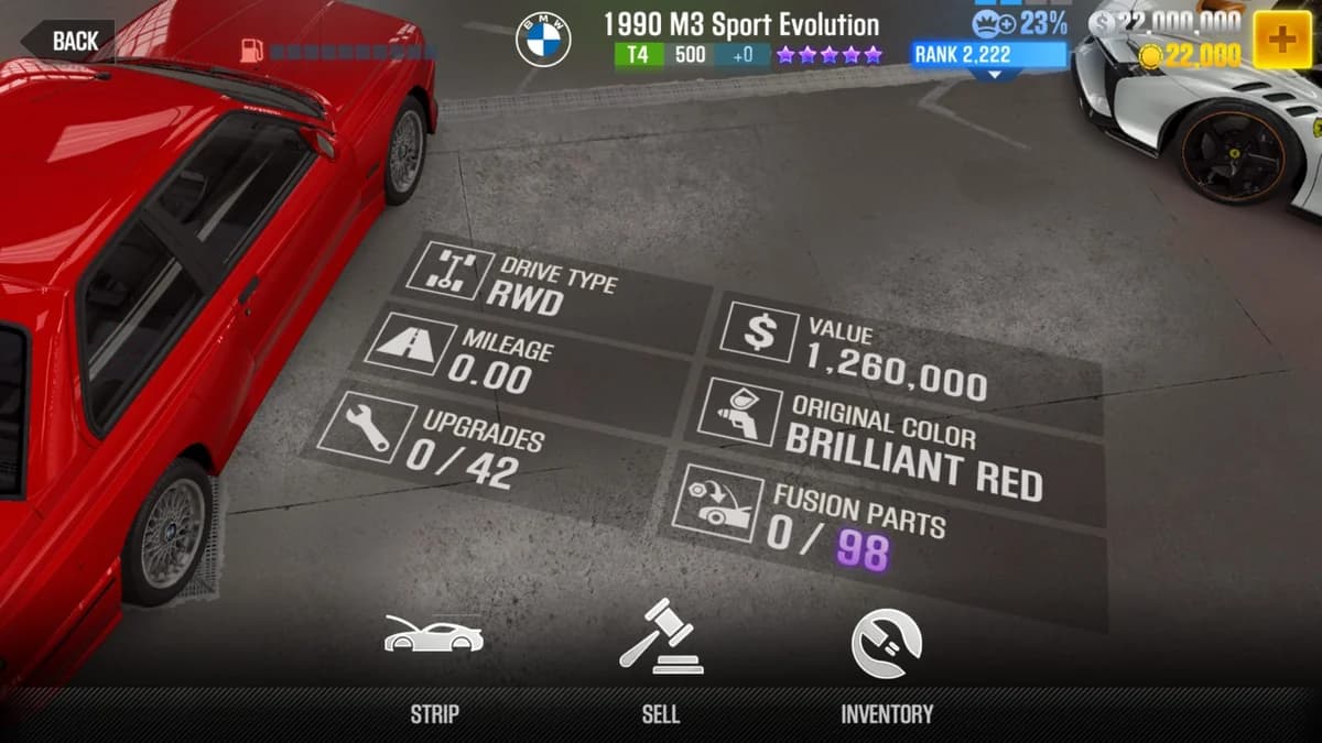 BMW 1990 M3 Sport Evolution CSR2 fusion parts and upgrade breakdown, tier 4 purple star car