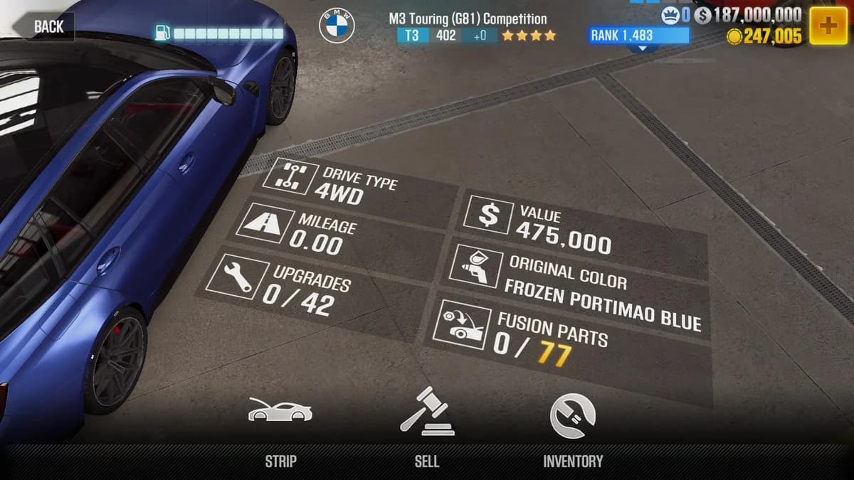 BMW 2022 M3 Touring Competition CSR2 fusion parts and upgrade breakdown, tier 3 purple star car