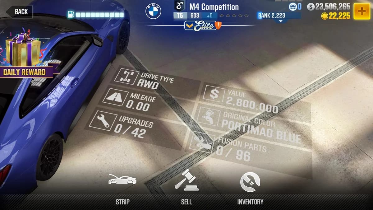 BMW M4 Competition (E.C. Level 0) CSR2 fusion parts and upgrade breakdown, tier 5 purple star car
