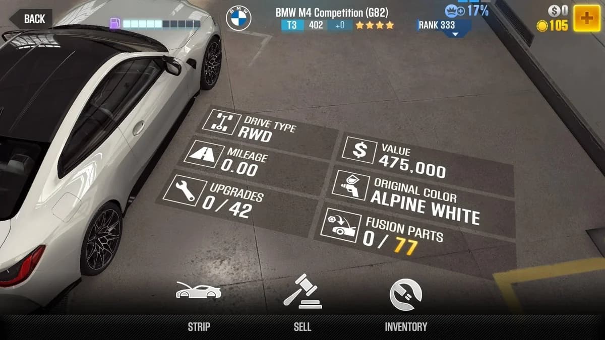 BMW 2021 M4 Competition CSR2 fusion parts and upgrade breakdown, tier 3 purple star car