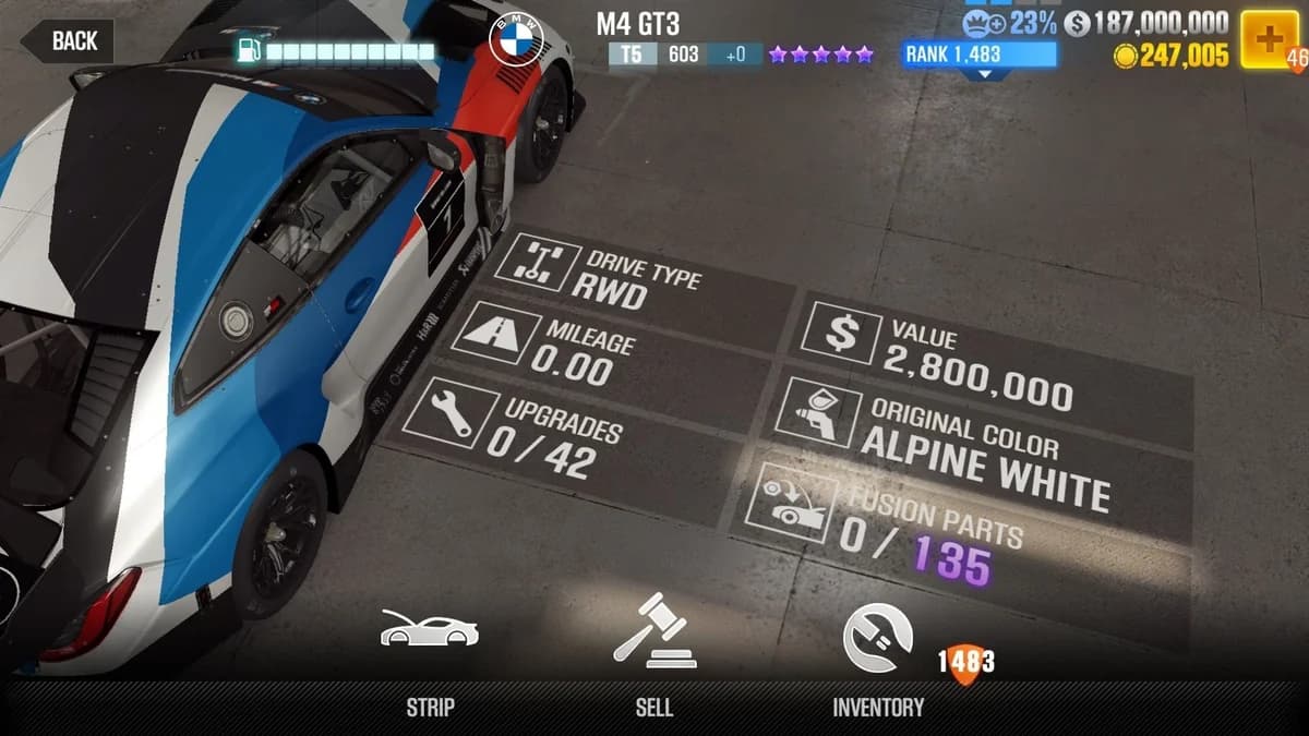 BMW 2022 M4 GT3 CSR2 fusion parts and upgrade breakdown, tier 5 purple star car