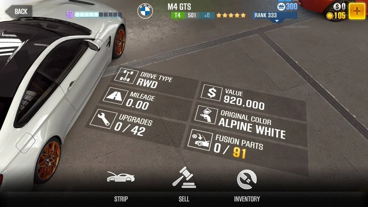BMW 2016 M4 GTS CSR2 fusion parts and upgrade breakdown, tier 4 gold star car
