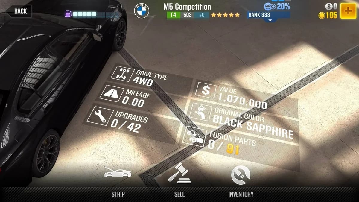 BMW 2019 M5 Competition CSR2 fusion parts and upgrade breakdown, tier 4 gold star car