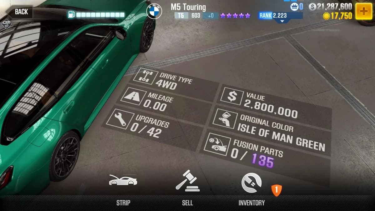 BMW M5 Touring CSR2 fusion parts and upgrade breakdown, tier 5 purple star car