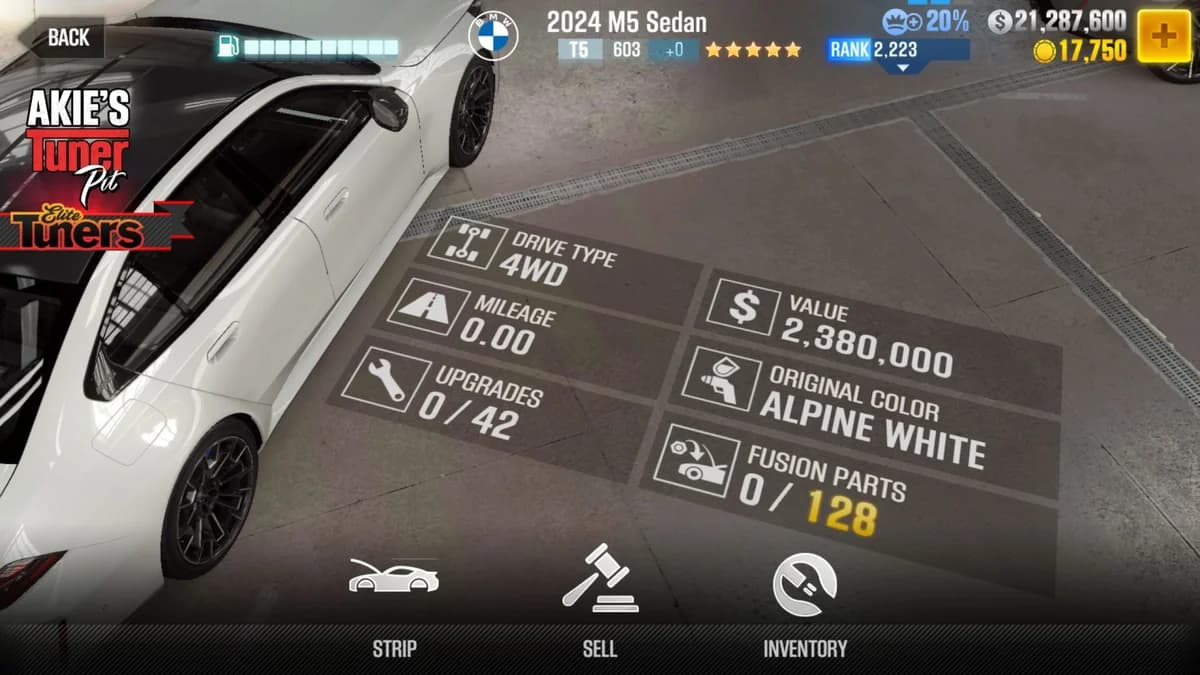 BMW 2024 M5 Sedan CSR2 fusion parts and upgrade breakdown, tier 5 gold star car