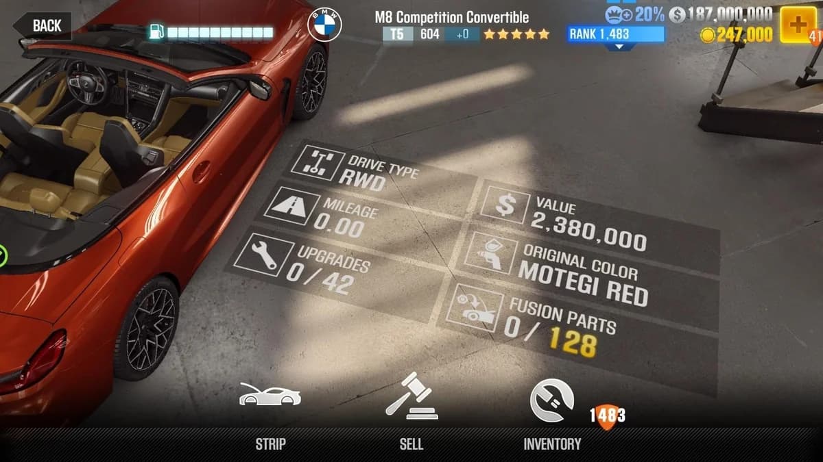 BMW 2019 M8 Competition Convertible CSR2 fusion parts and upgrade breakdown, tier 5 gold star car
