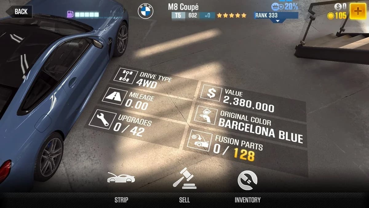 BMW 2019 M8 Coupe CSR2 fusion parts and upgrade breakdown, tier 5 purple star car