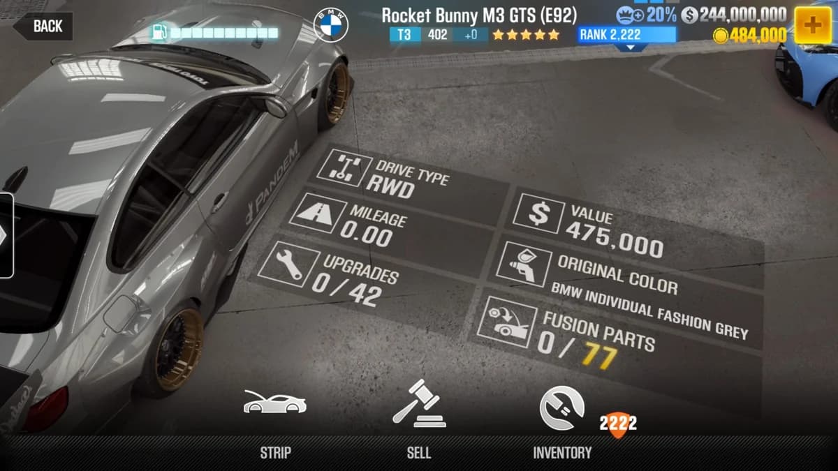 BMW 2011 Rocket Bunny M3 GTS CSR2 fusion parts and upgrade breakdown, tier 3 purple star car