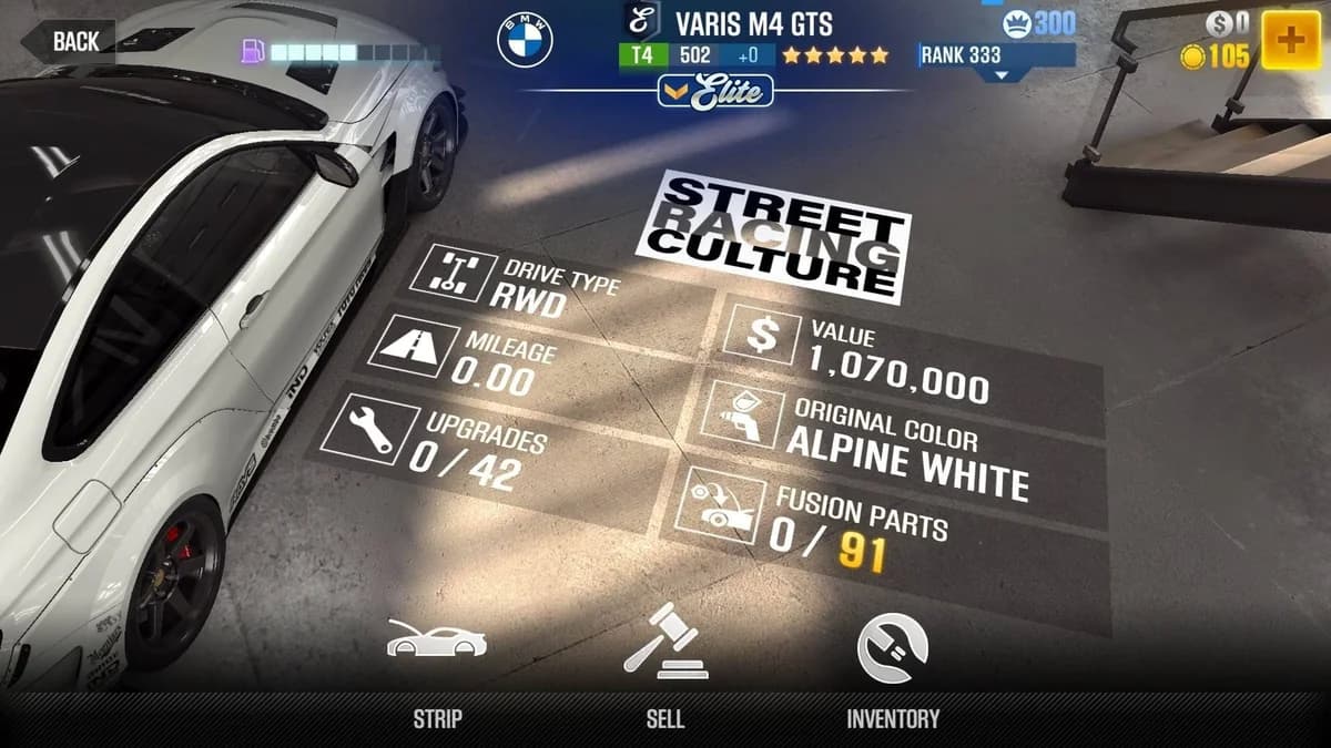 BMW 2016 VARIS M4 GTS (E.C. Level 0) CSR2 fusion parts and upgrade breakdown, tier 4 gold star car