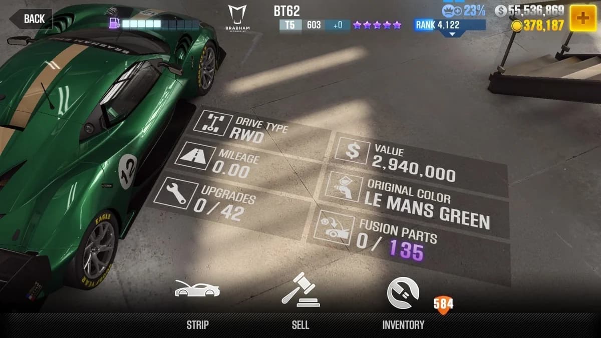 Brabham BT62 CSR2 fusion parts and upgrade breakdown, tier 5 purple star car