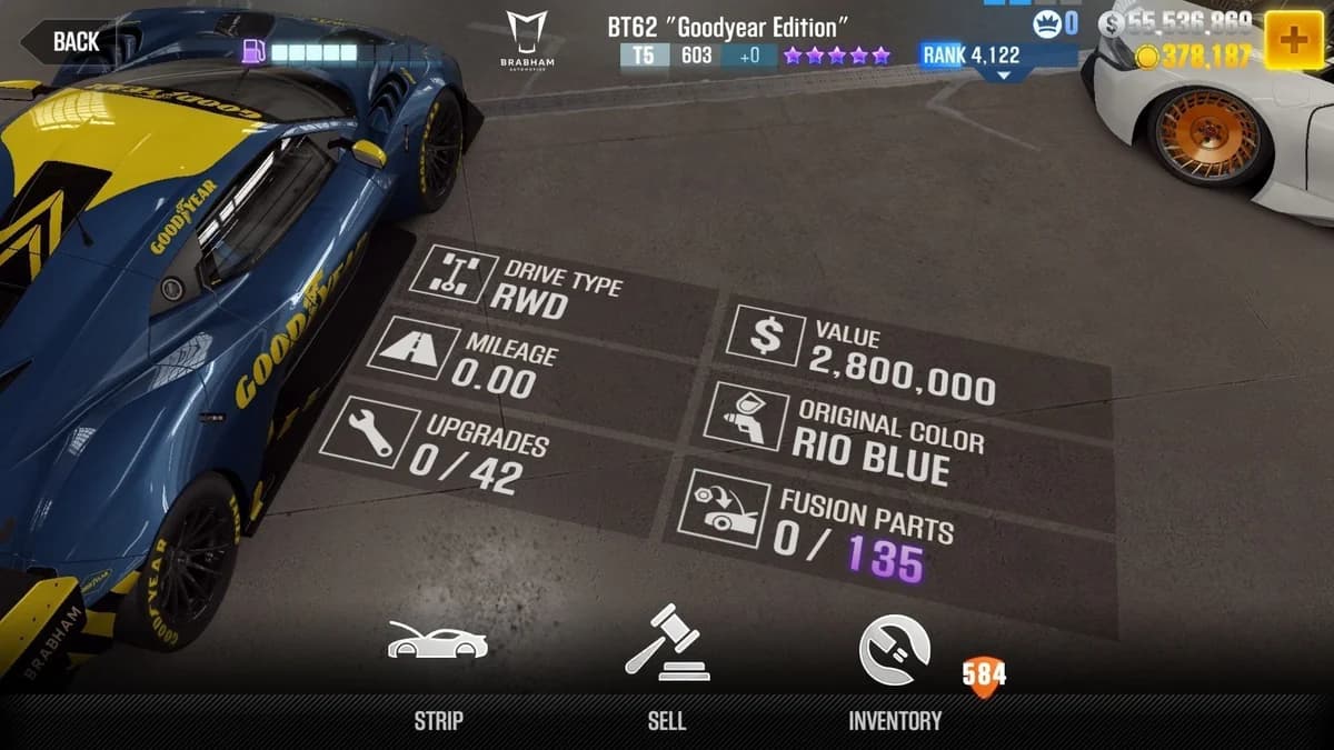 Brabham BT62 ''Goodyear Edition'' CSR2 fusion parts and upgrade breakdown, tier 5 purple star car