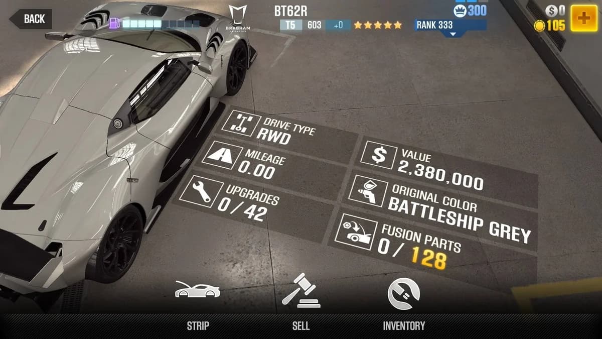 Brabham BT62R CSR2 fusion parts and upgrade breakdown, tier 5 purple star car