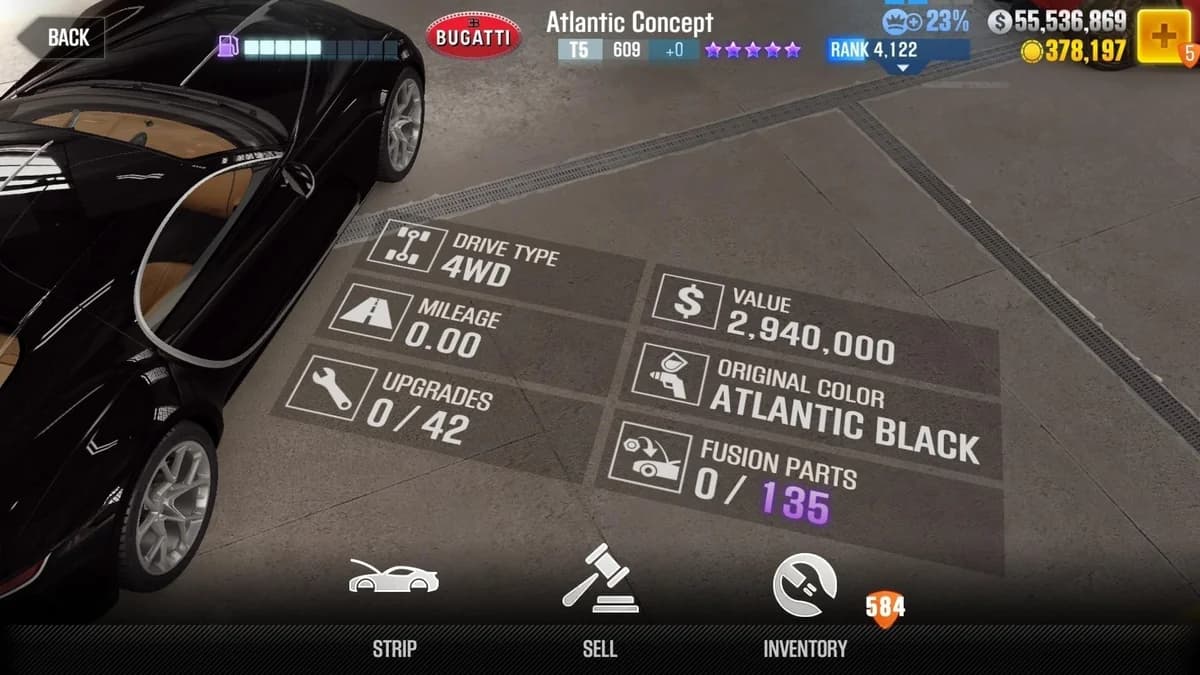 Bugatti Atlantic Concept (Black) CSR2 fusion parts and upgrade breakdown, tier 5 purple star car