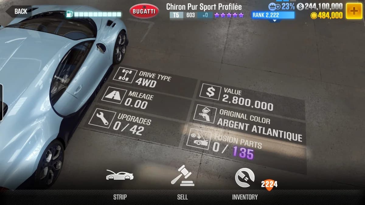 Bugatti Chiron Pur Sport Profilee CSR2 fusion parts and upgrade breakdown, tier 5 purple star car