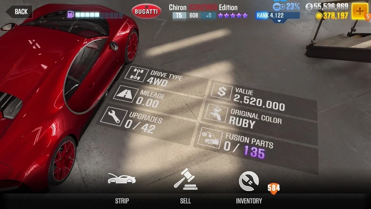 Bugatti Chiron (CSR2)RED Edition CSR2 fusion parts and upgrade breakdown, tier 5 purple star car