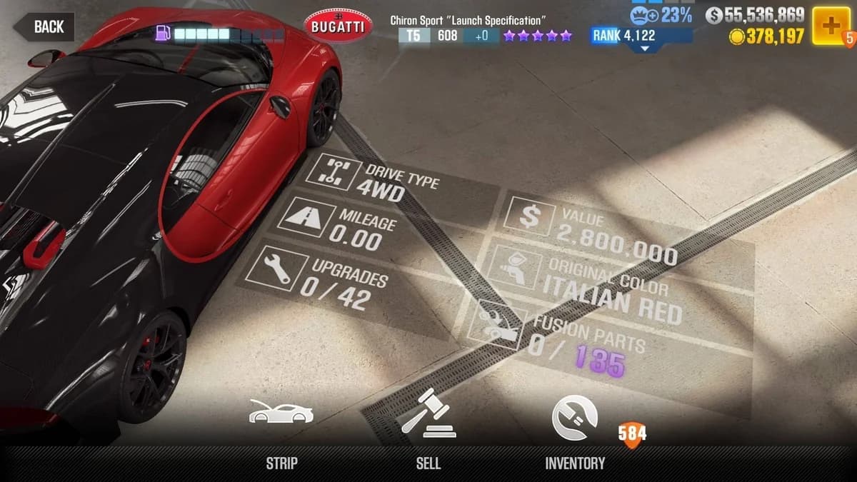 Bugatti Chiron Sport ''Launch Specification'' CSR2 fusion parts and upgrade breakdown, tier 5 purple star car