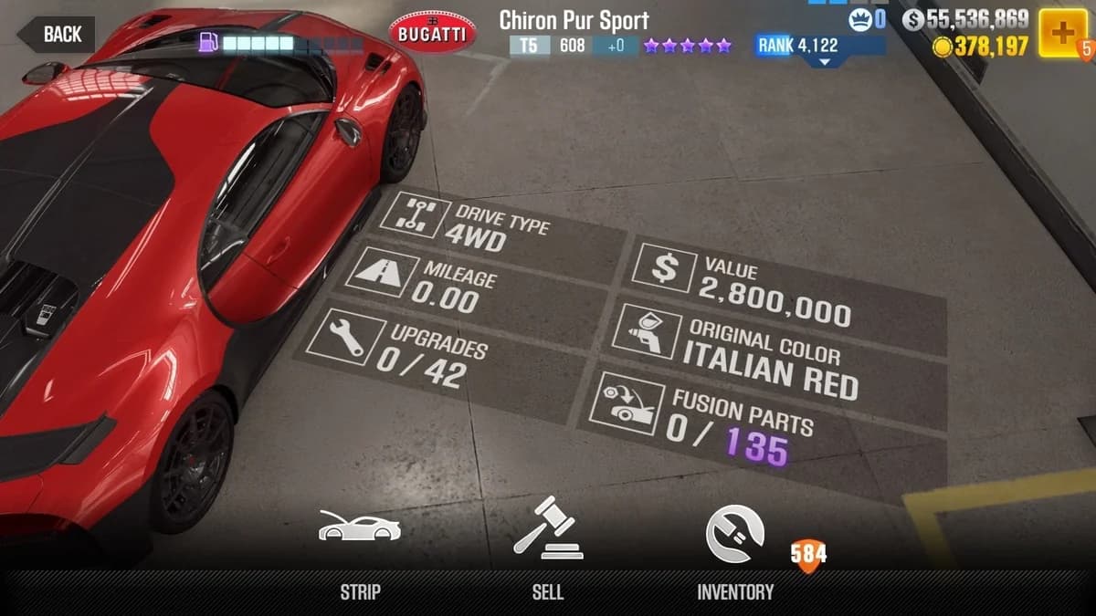 Bugatti Chiron Pur Sport CSR2 fusion parts and upgrade breakdown, tier 5 gold star car