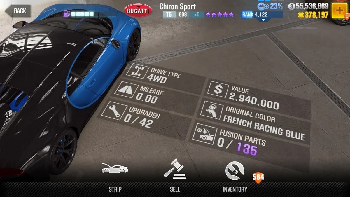 Bugatti Chiron Sport CSR2 fusion parts and upgrade breakdown, tier 5 purple star car