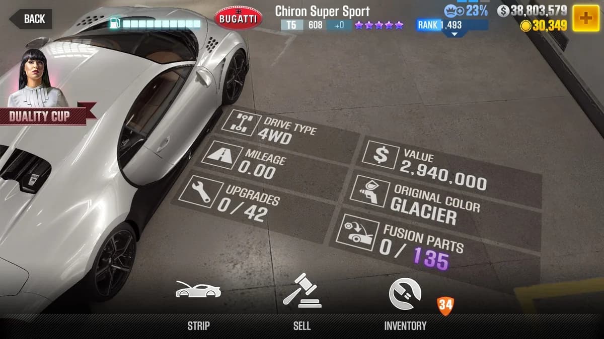 Bugatti Chiron Super Sport CSR2 fusion parts and upgrade breakdown, tier 5 purple star car