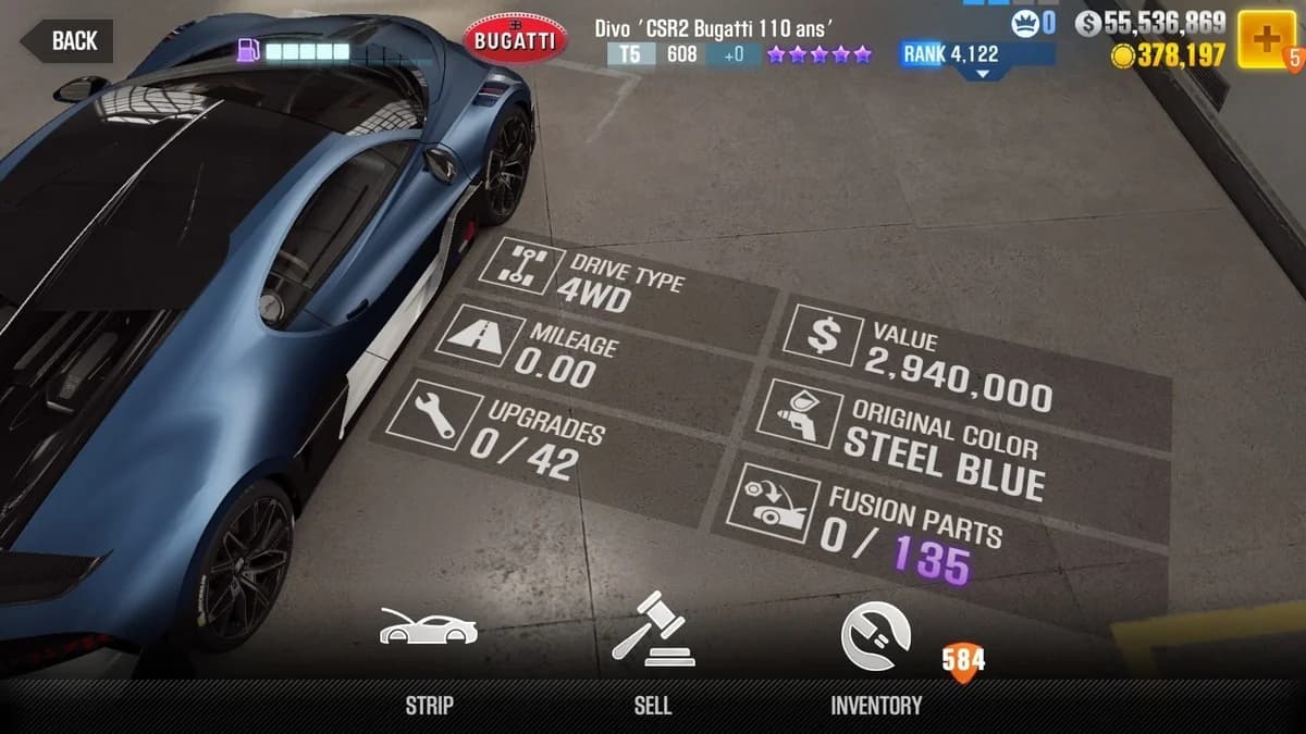 Bugatti Divo 'CSR2 Bugatti 110 ans' CSR2 fusion parts and upgrade breakdown, tier 5 purple star car