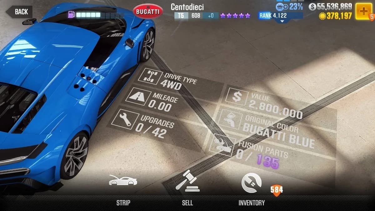 Bugatti Centodieci (Blue) CSR2 fusion parts and upgrade breakdown, tier 5 purple star car
