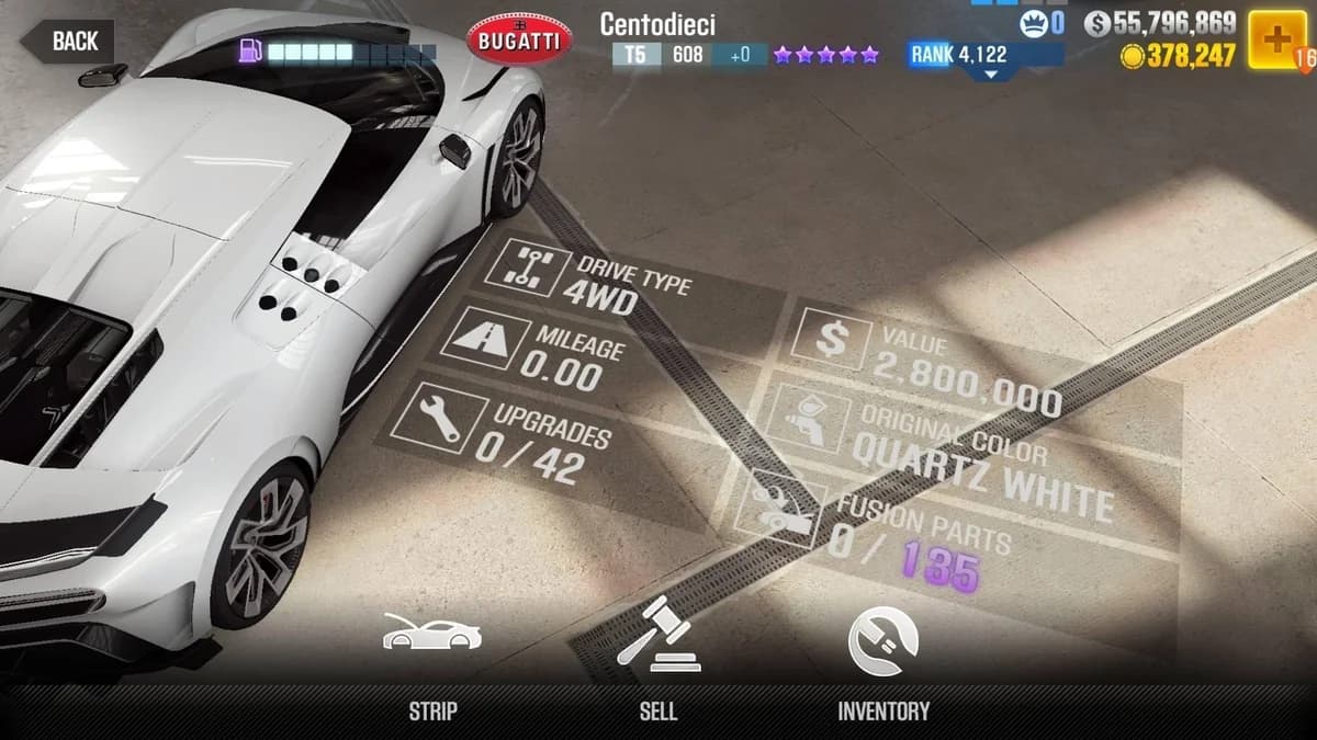 Bugatti Centodieci (White) CSR2 fusion parts and upgrade breakdown, tier 5 purple star car
