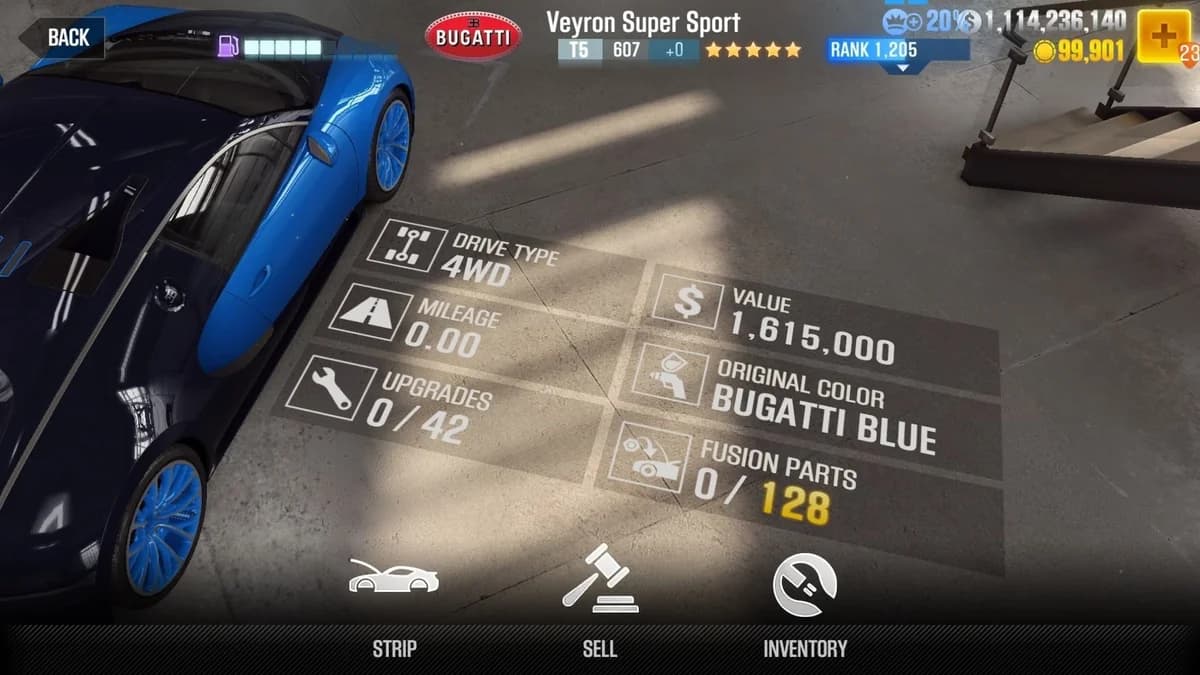 Bugatti Veyron Super Sport CSR2 fusion parts and upgrade breakdown, tier 5 gold star car