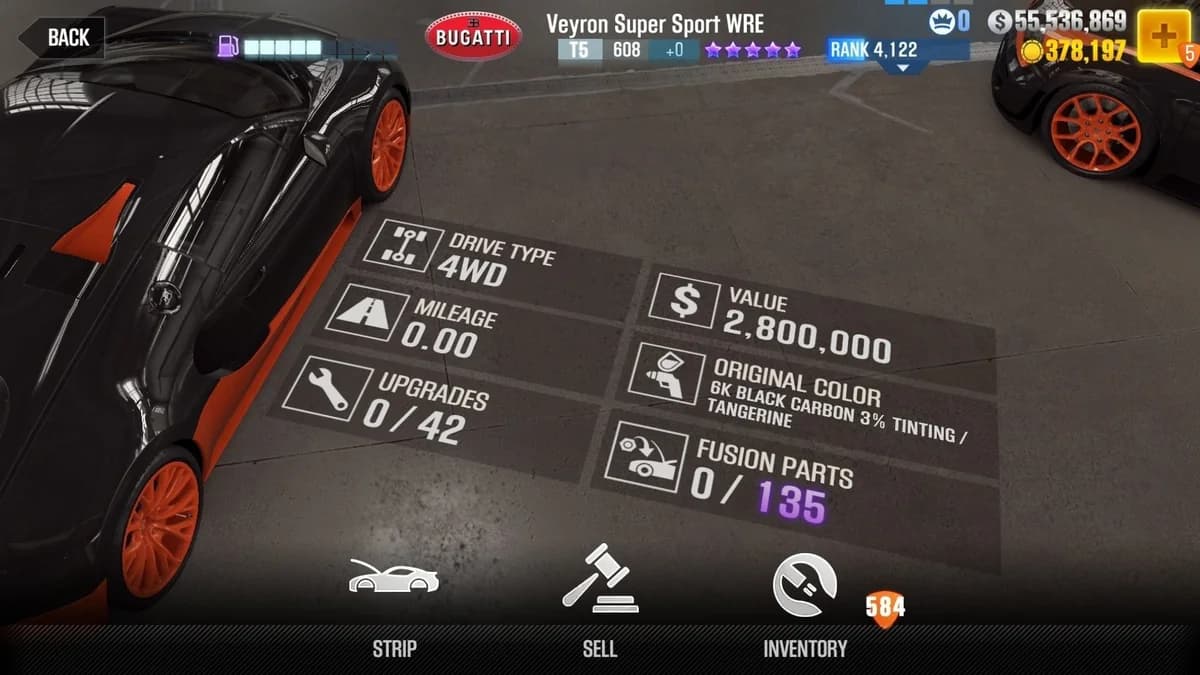 Bugatti Veyron Super Sport WRE CSR2 fusion parts and upgrade breakdown, tier 5 purple star car