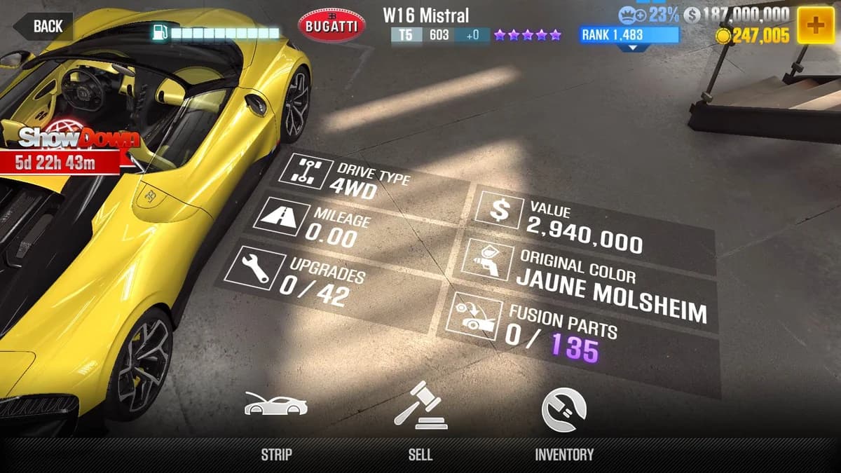 Buggati W16 Mistral (Blue) CSR2 fusion parts and upgrade breakdown, tier 5 purple star car