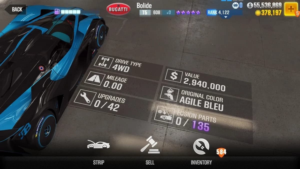 Bugatti Bolide (Green) CSR2 fusion parts and upgrade breakdown, tier 5 purple star car