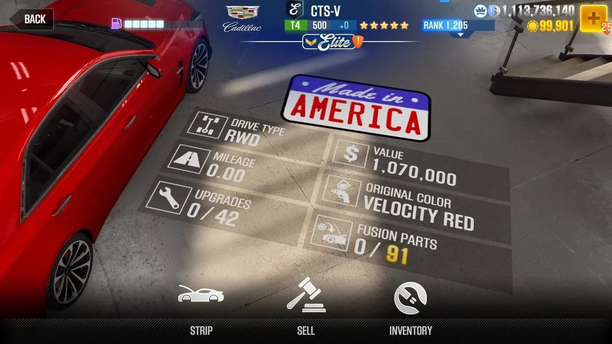 Cadillac CTS-V (E.C. Level 0) CSR2 fusion parts and upgrade breakdown, tier 4 gold star car