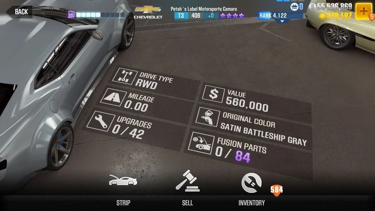 Petah's Chevrolet Label Motorsports Camaro CSR2 fusion parts and upgrade breakdown, tier 3 purple star car