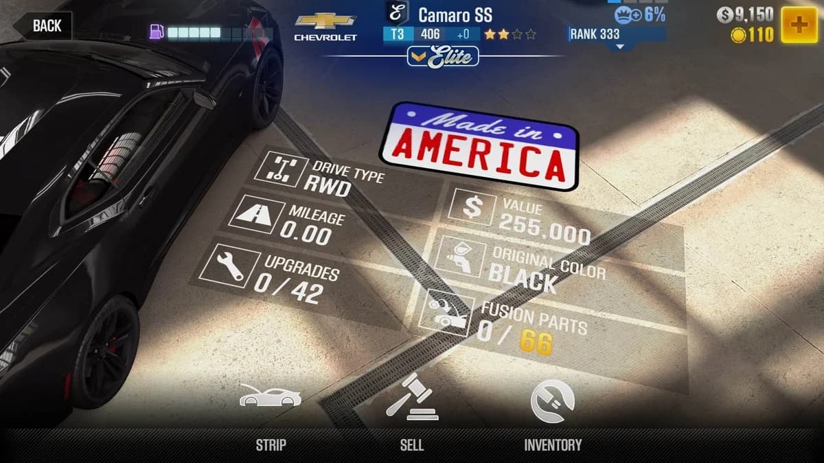 Chevrolet Camaro SS (E.C. Level 0) CSR2 fusion parts and upgrade breakdown, tier 3 gold star car