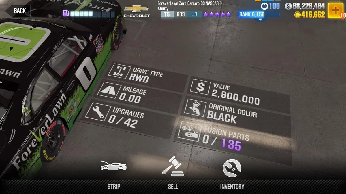 Chevrolet ForeverLawn Zero Camaro SS NASCAR® Xfinity CSR2 fusion parts and upgrade breakdown, tier 5 purple star car