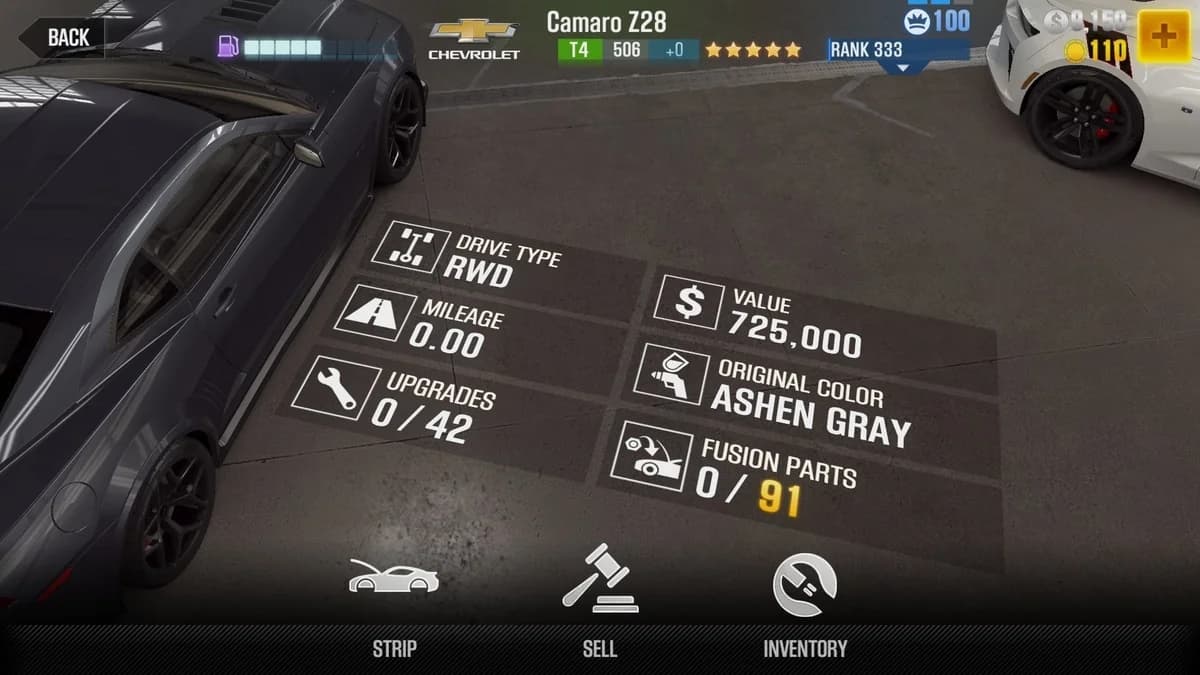 Chevrolet Camaro Z28 CSR2 fusion parts and upgrade breakdown, tier 4 gold star car