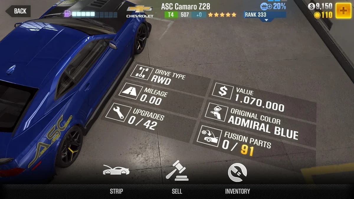 Chevrolet ASC Camaro Z28 CSR2 fusion parts and upgrade breakdown, tier 4 gold star car
