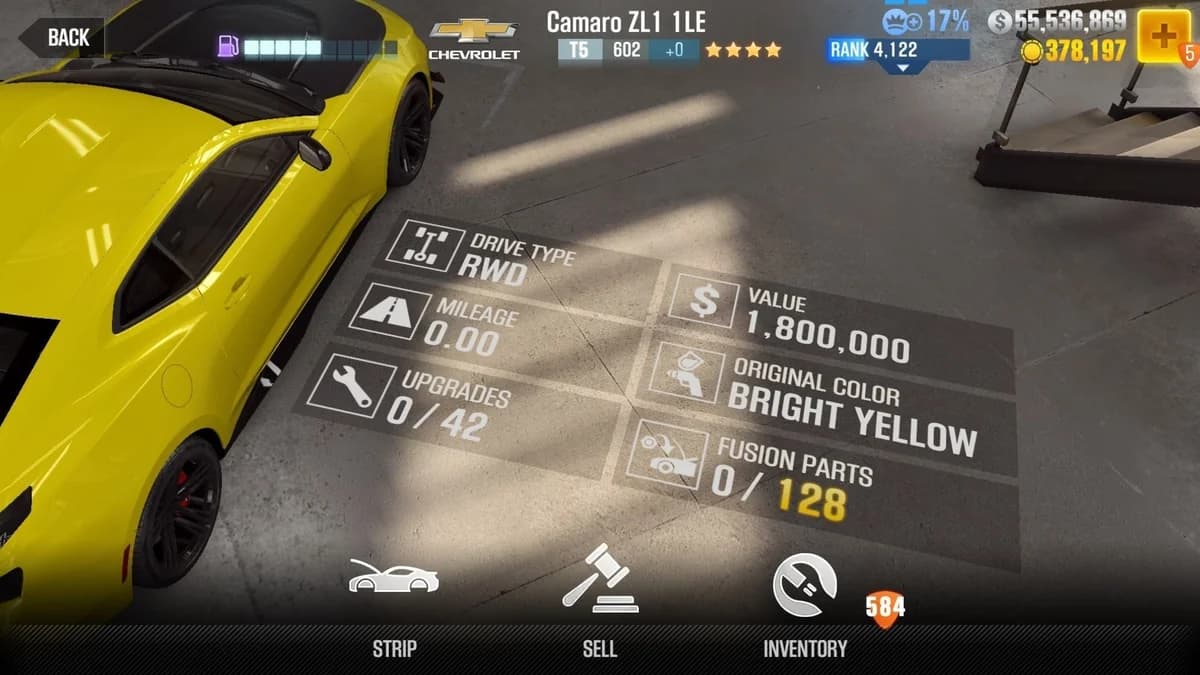 Chevrolet Camaro ZL1 1LE CSR2 fusion parts and upgrade breakdown, tier 5 gold star car