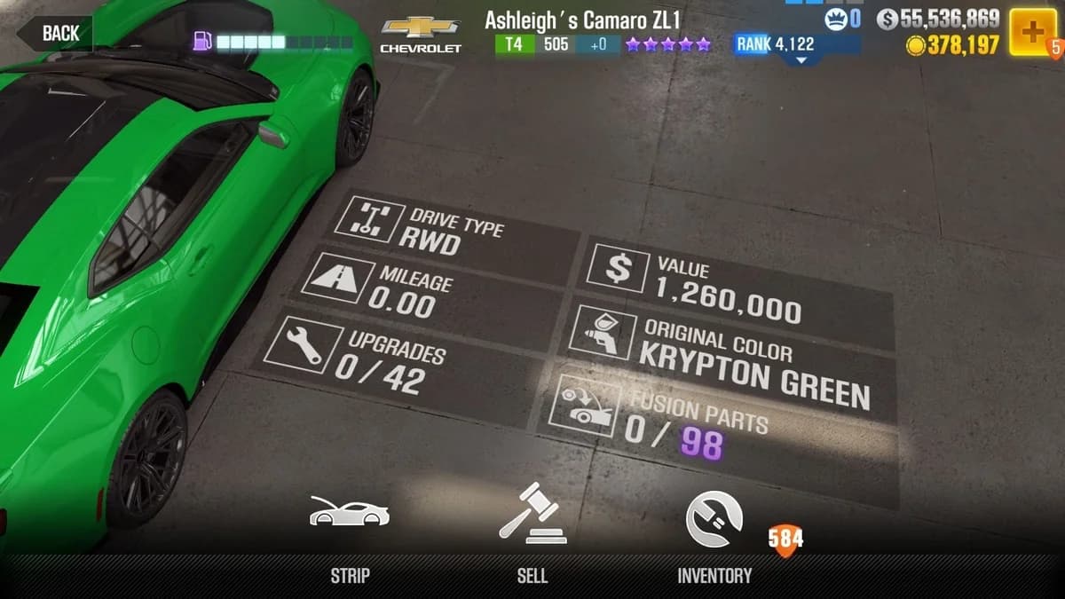 Ashleigh's Chevrolet Camaro ZL1 CSR2 fusion parts and upgrade breakdown, tier 4 purple star car