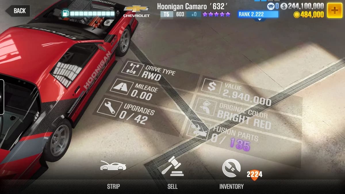Chevrolet Hoonigan Camaro '632' CSR2 fusion parts and upgrade breakdown, tier 5 purple star car