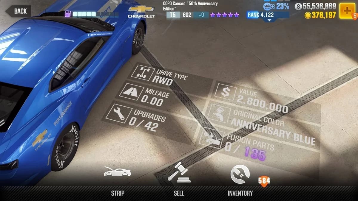 Chevrolet COPO Camaro ''50th Anniversary Edition'' CSR2 fusion parts and upgrade breakdown, tier 5 purple star car