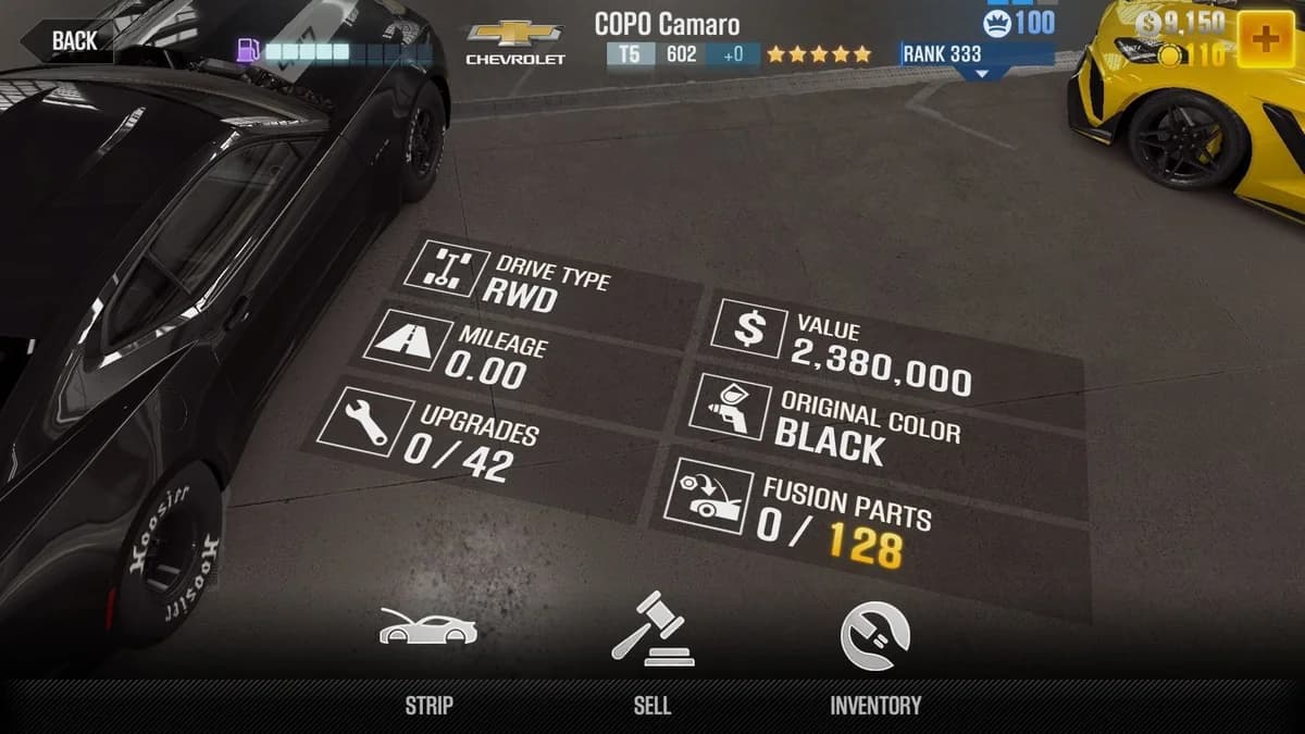 Chevrolet COPO Camaro CSR2 fusion parts and upgrade breakdown, tier 5 gold star car