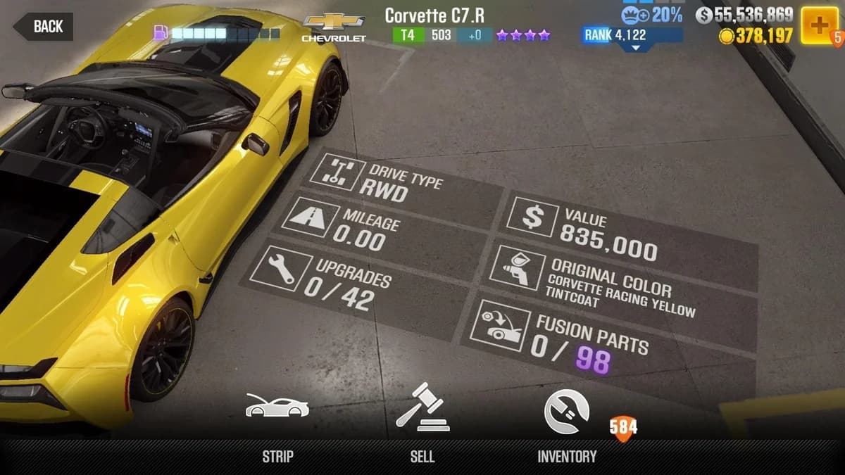 Chevrolet Corvette C7.R CSR2 fusion parts and upgrade breakdown, tier 4 purple star car